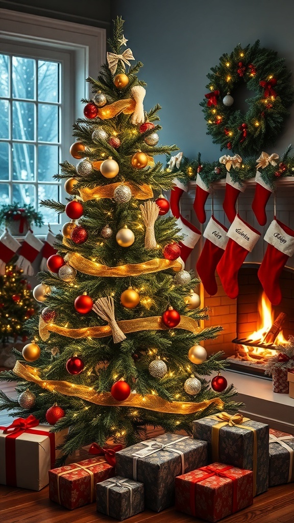 A festive Christmas tree with lights and ornaments, gifts beneath it, and a cozy fireplace in the background.